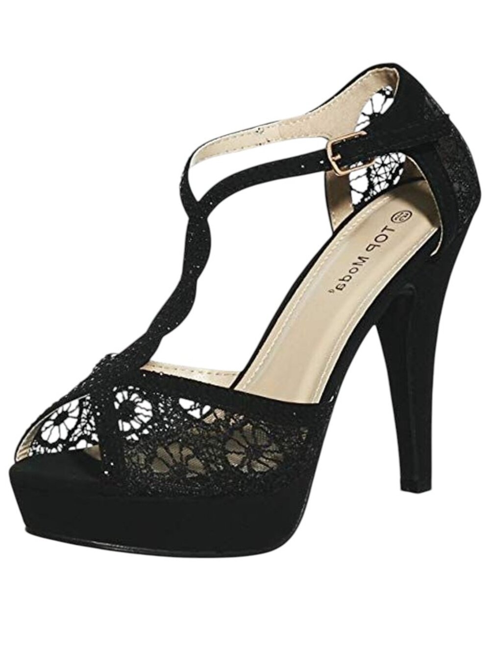 Women's Black Rhinestone Lace Platform Heels ✨ Elegant T-Strap Dress Shoes - Picture 6 of 6